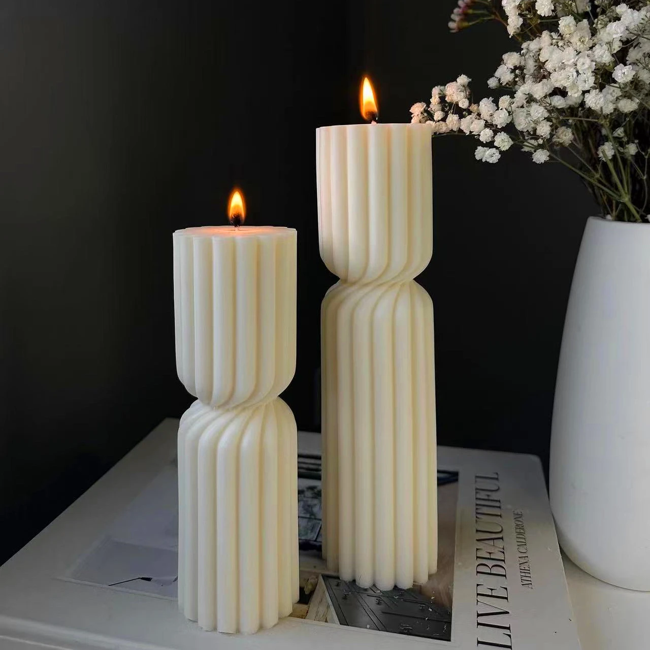 DIY New Cylindrical Tall Twirl Pillar Candle Mold Ribbed Aesthetic