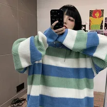 

Korean Retro Striped Warm Couple Sweater Knit Jumper Pullover Harajuku Oversized Knit Emo Kpop Streetwear Urban Winter Alt Tops