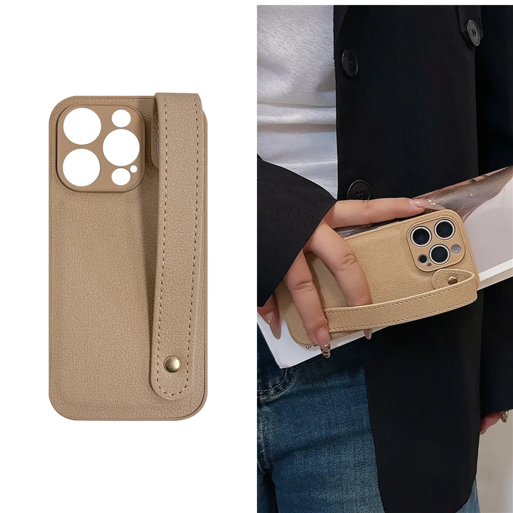 Leather Wrist Strap Bracket Holder Case with Hand Band Stand and Silicone Candy Cover