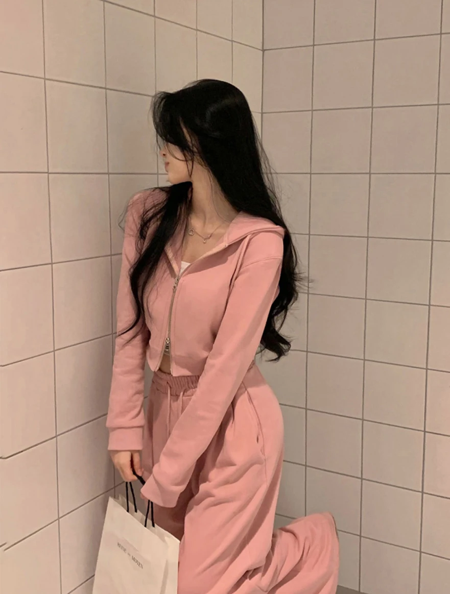 Korean Fashion Streetwear 2-piece Pants Set Women Tracksuit Autumn New Hooded Zip-up Crop Top Long Pants Casual Solid Outfits