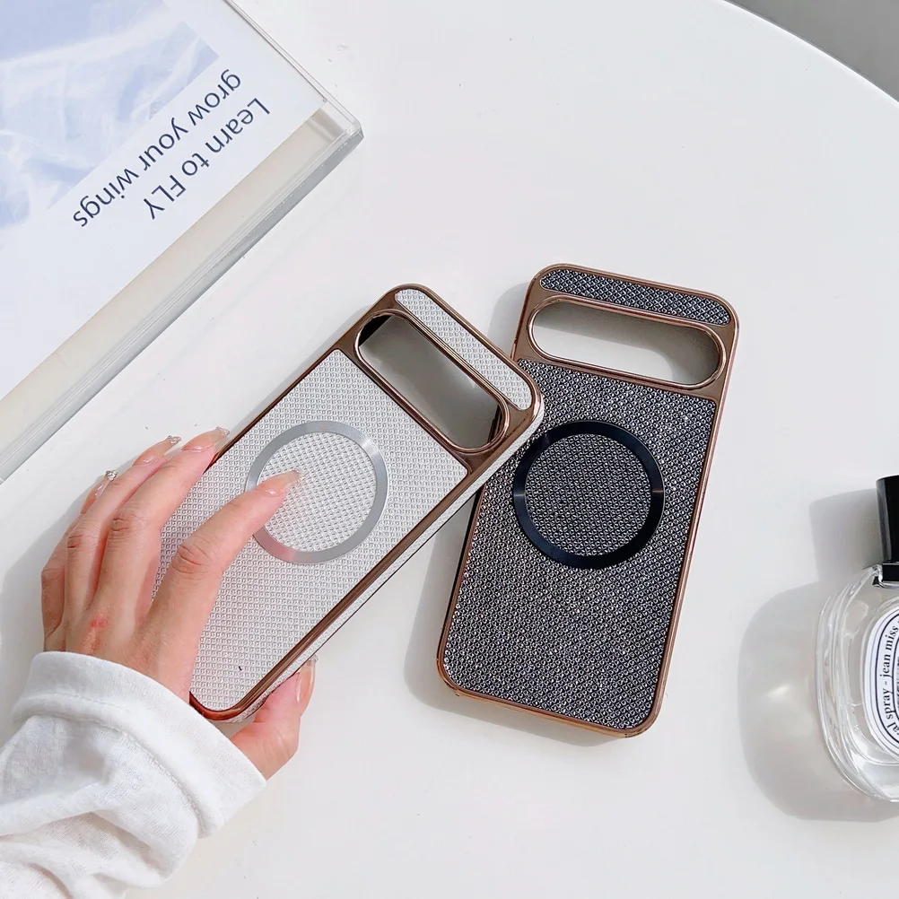 Shiny Rhinestone Glitter Plated Border Magnetic Ring Case for Pixel 9A Google pixel 9 Pro XL Pixe 9 8 Pro Lens Protection Cover