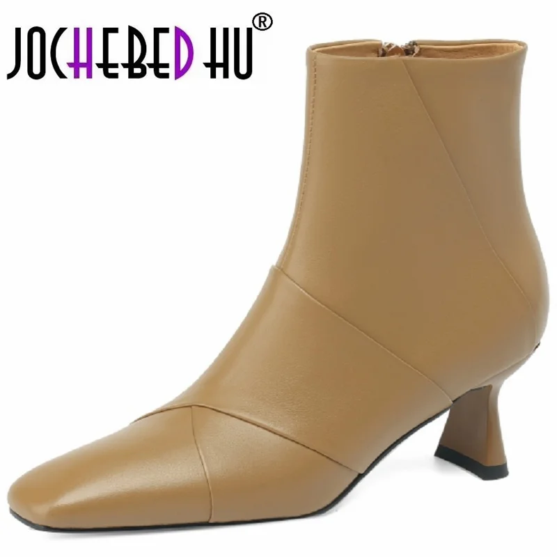 

【JOCJEBED HU】Thin High Heels Women Ankle Boots Square Toe Elegant Shoes Autumn Winter Side Zipper Genuine Leather Office Lady