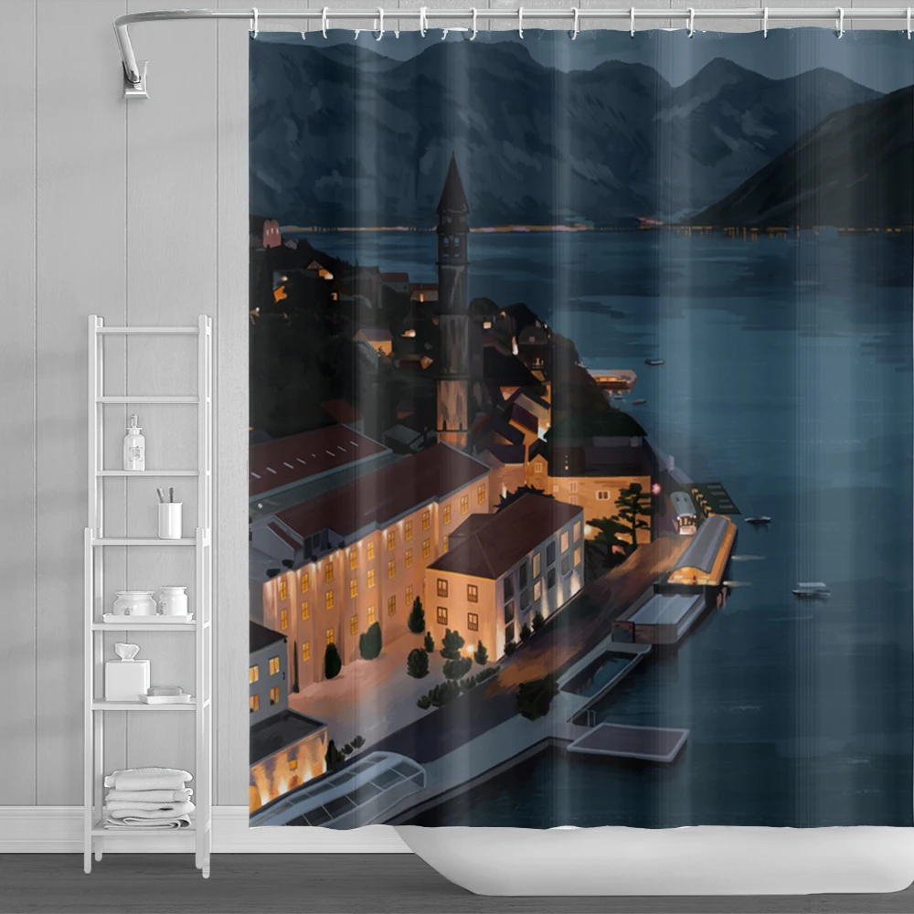

Занавеска для душа с Приморским городом и функцией ночного видения, живописная занавеска для ванной, большая широкая занавеска для купания с крючками
