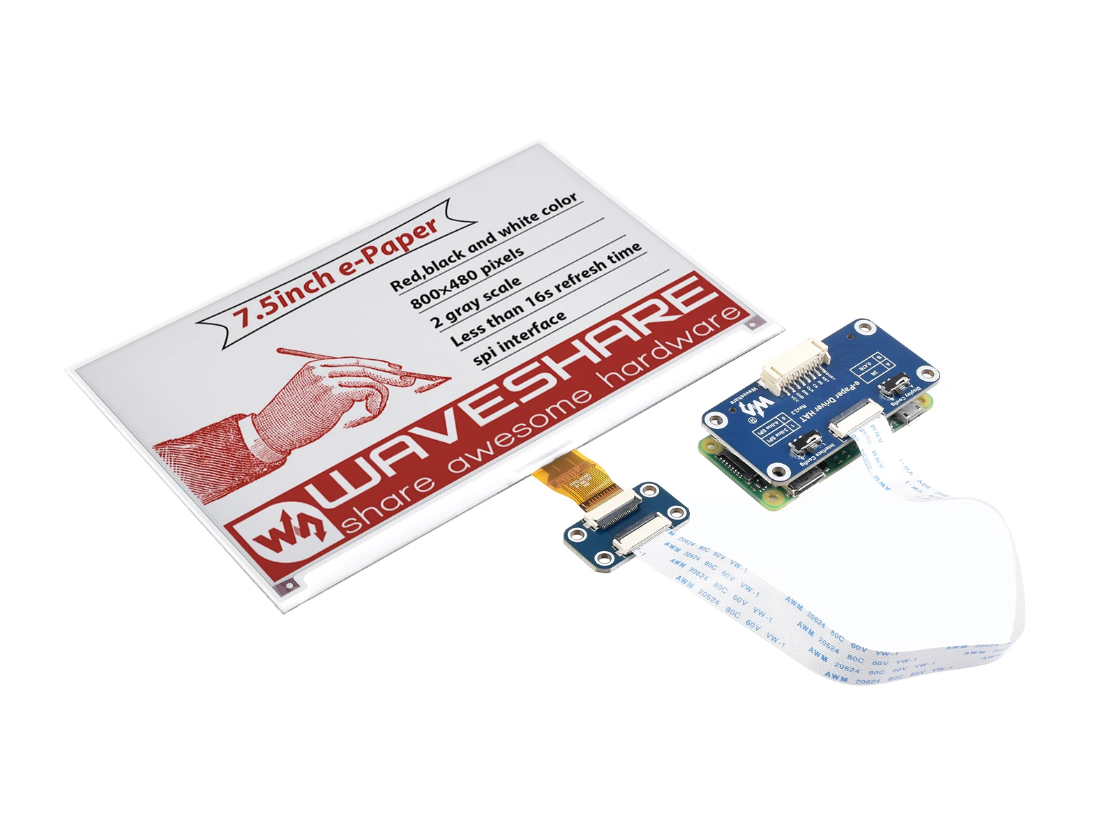 

7.5inch e-Paper HAT (B),For Raspberry Pi, 800×480 Pixels, Red / Black / White Three-Color, SPI Interface