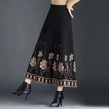 Gonna a trapezio stile etnico autunno inverno donna vita alta elastico in vita di media lunghezza in lana lavorata a maglia gonna grande maglione gonna altalena 1