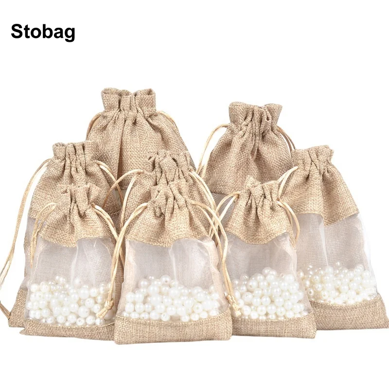 StoBag 50pcs Wholesale Linen Bags Window Drawstring Candy Gift Jewelry Packaging Storage Bundle Pocket Reusable Pouches Party