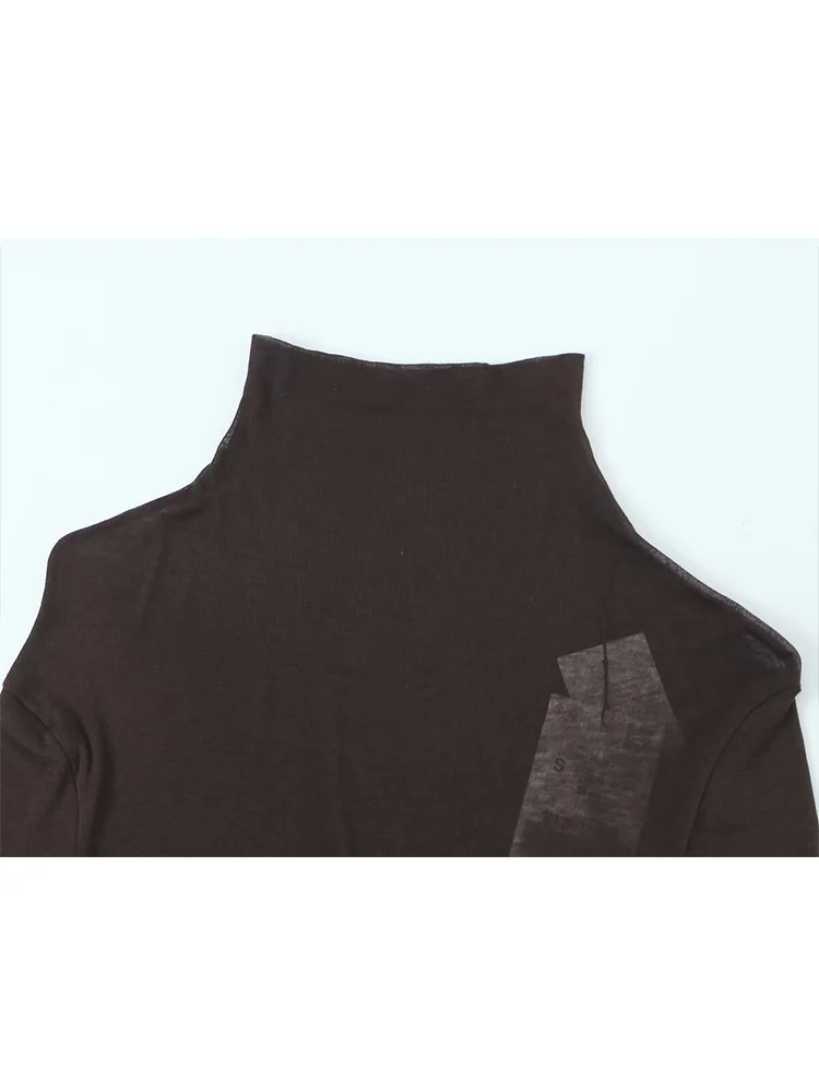 Women Turtleneck Shirts Tops Solid Long Sleeve Blouses Female Spring Autumn Half Transparent  Elegant Stretchy Fashion T-shirt