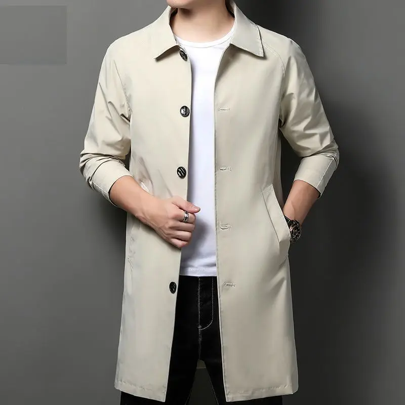 Spring Autumn Solid Color Turn-down Collar Long Sleeve Windbreaker Man High Street Casual Mid-length Button Pocket Cardigan