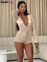 Weird Puss Crochet Bandage Playsuits Women Low-Neck Contrast Striped Patchwork Long Sleeve Autumn Trend Vacation Skinny Romper - Image 2