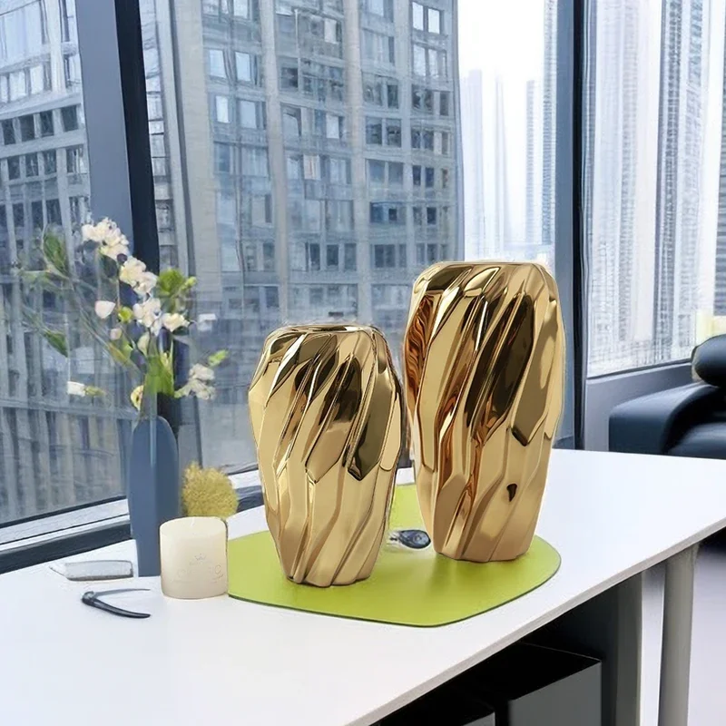 

Room Decoration Creative Flower Ceramic Luxury Living Model Light Bedroom Golden Soft Vase New