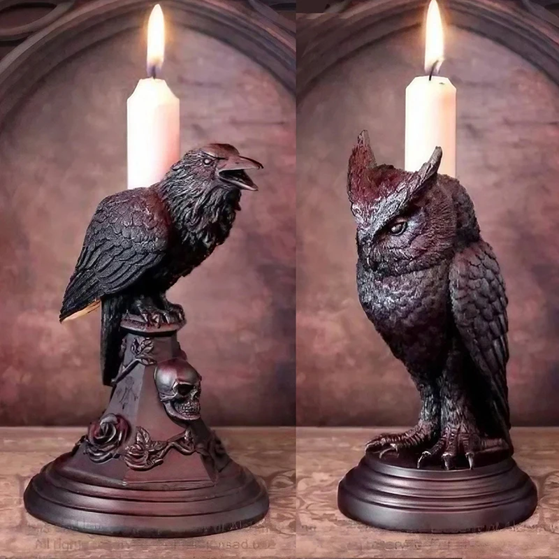 Gothic Crow Candle Holder Retro Black Owl Candlestick Resin Sculpture Craft Halloween Statue Fun Atmosphere Home Decoration