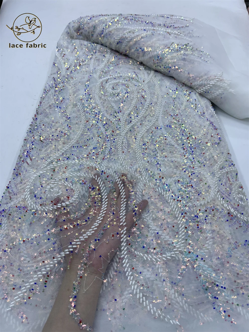 

White Latest French 3D Beaded Tulle Lace Fabric 2024 High Quality African Groom Lace Fabrics Sequins For Evening Party Dresses