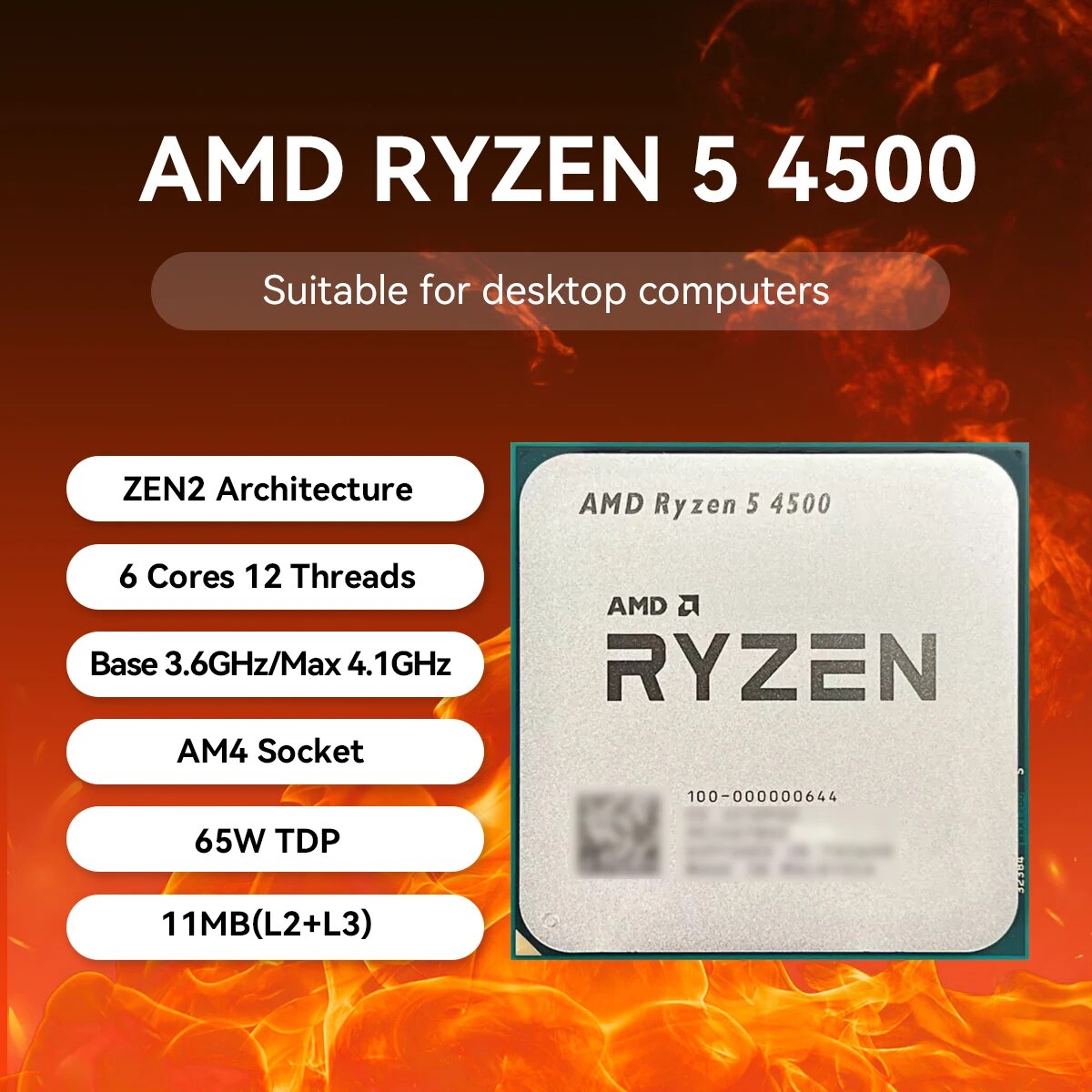  AMD Ryzen 5 4500 3.6GHz Base Clock 6-Core 12-Thread Desktop Processor CPU, AM4 Socket, No Integrated Graphics, No Heatsink Fan 