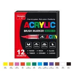 Vibrant Acrylic Paint Pens with Brush Tips for Creative DIY Crafts - Ideal for Rock, Wood, Canvas, and Stone Painting (12 Colors)