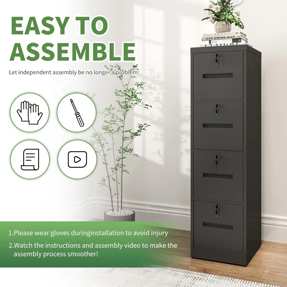 file cabinet 4 drawer with lock, vertical filing cabinets for home office, metal steel storage cabinet for letter/legal size fil
