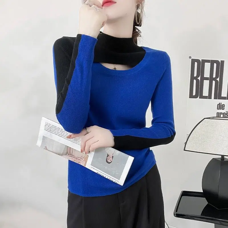 Women's Clothing Elegant Temperament Autumn and Winter New Fashion Hollow Out Half High Neck Long Sleeve Solid Color Pullover