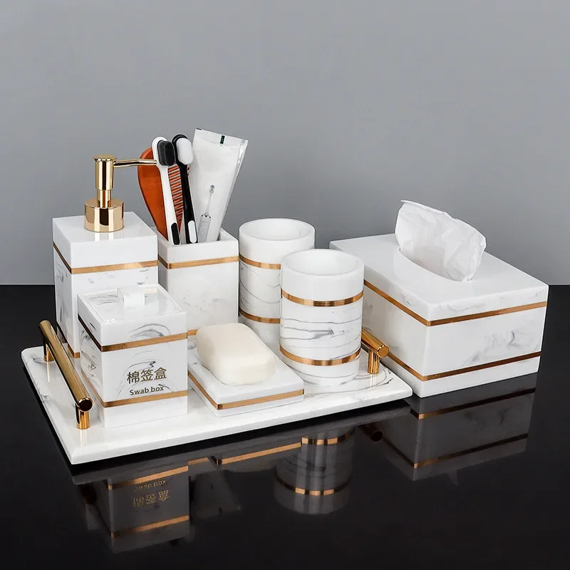 Bathroom Accessories Set Nordic Natural Resin Lotion Bottle Mouth Cup Soap Dish Toothbrush Holder Tissue Box Cotton Swab Box Tray Washing Tools Set