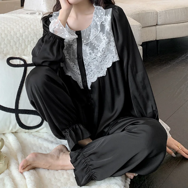 

Black-White Patchwork Sleepwear Women Satin Pajamas Suit Summer Button-down Home Clothes O-Neck Nightgown Long Sleeve Pyjamas