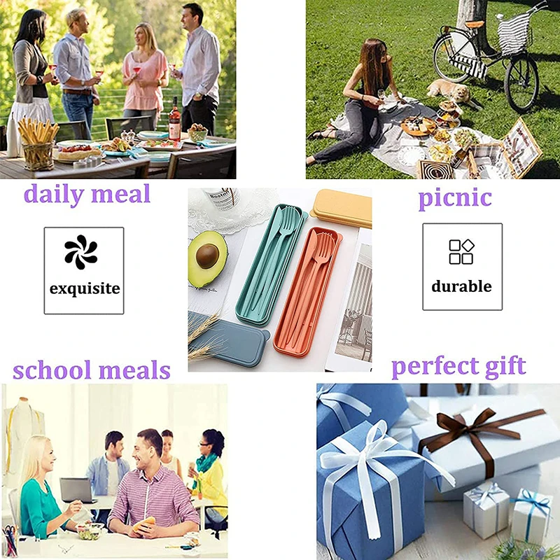 Wheat Straw Portable Tableware Picnic Set Eco Friendly Camping Cutlery With Case Fork Spoon Camping Tableware Picnic Cutlery Set