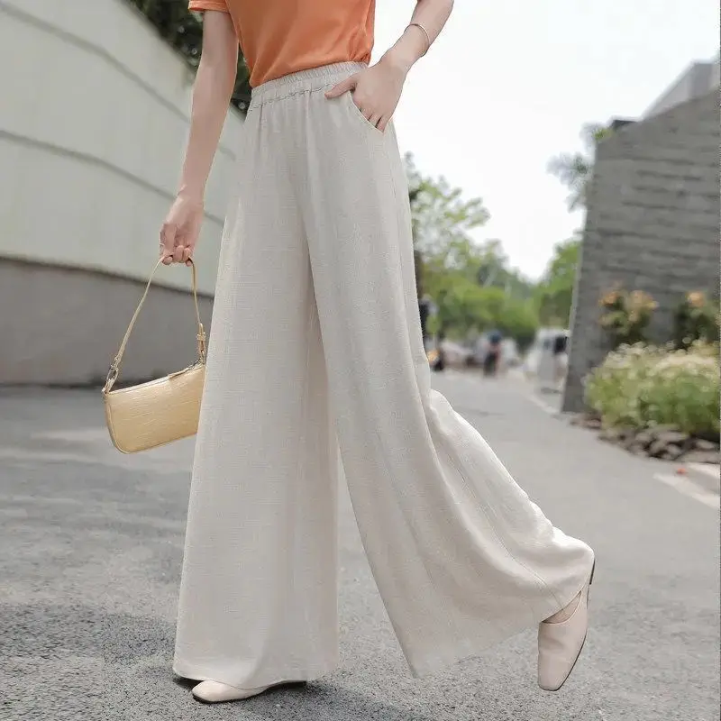Cotton Linen Baggy Pants Women Solid Colors Elastic Wiast Mom Pantalones Oversized Spring Summer Wide Leg Pants Loose M-3XL