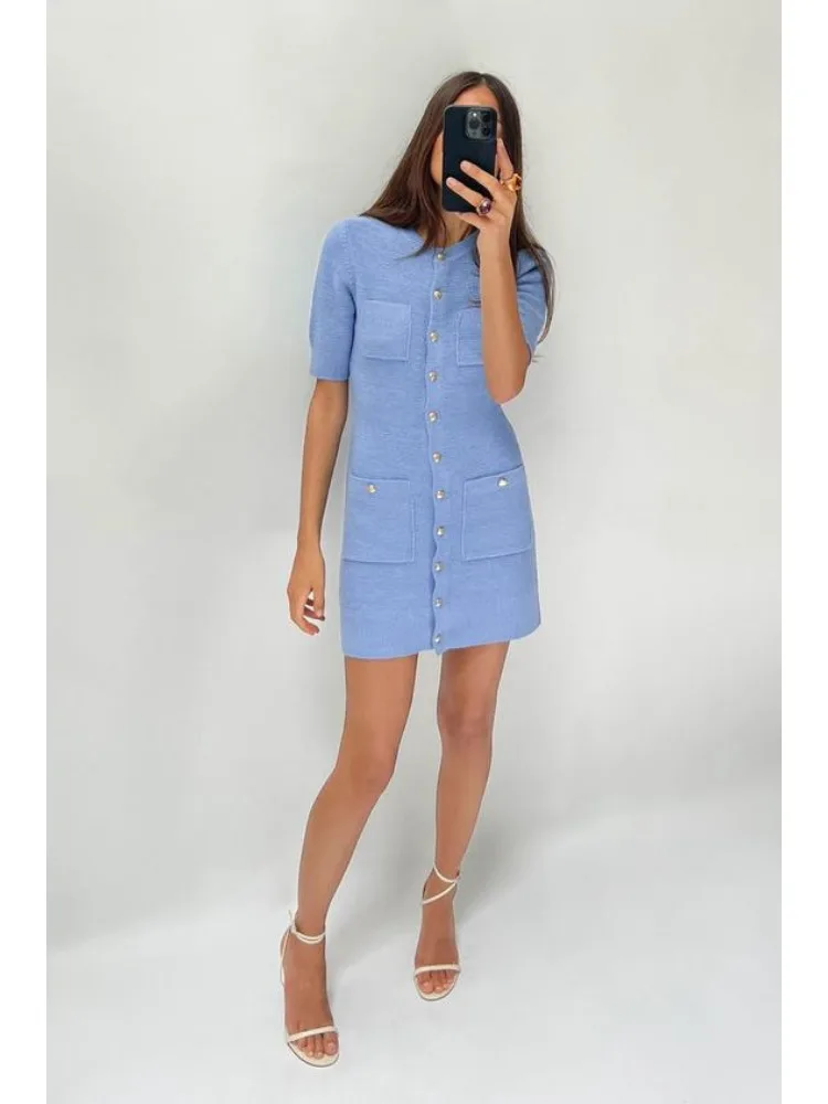 Ellis Tweed  O-Neck Short Sleeve Sashes Office Lady Single Breasted Dress