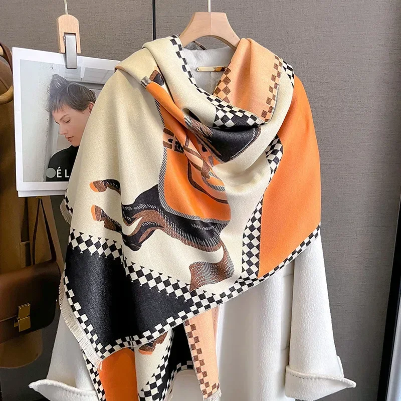 2024Horse Print Cashmere Winter Poncho Scarf Women Luxury Design Warm Shawl Thick Warp Blanket Bufanda Tassel Casual Accessories