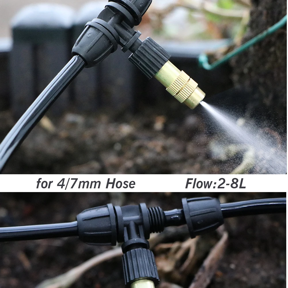10PCS 2-8L/H Garden Brass Misting Nozzle with Lock Tee for 4/7mm Hose Spray Head Greenhouse Atomizing Cooling Watering Sprinkler