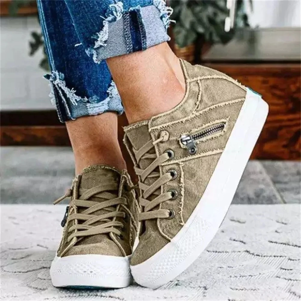 stroomkring Er is behoefte aan Auckland Vrouwen Casual Schoenen Lente Nieuwe Lace Up Rits Dames Canvas Schoenen  Comfortabele Denim Vrouwelijke Platte Loafer Trendy Sneakers| | - AliExpress