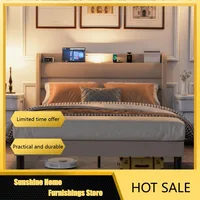 NEW Queen Bed Frame with Charging Station, Type-C & USB Ports and LED Light, Linen Upholstered Bed Frame Queen Size  Beige 1