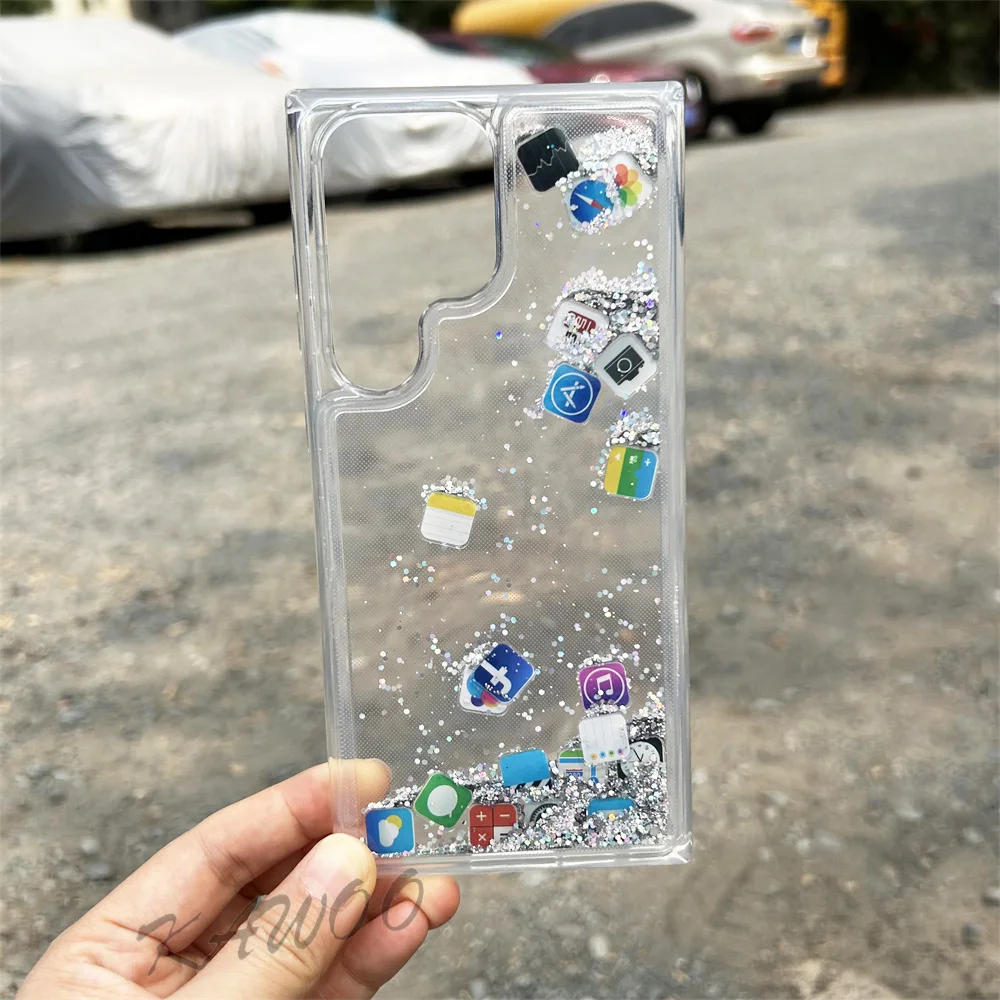 Cute App Icon Floating Glitter Liquid Bling Case Cover For Samsung