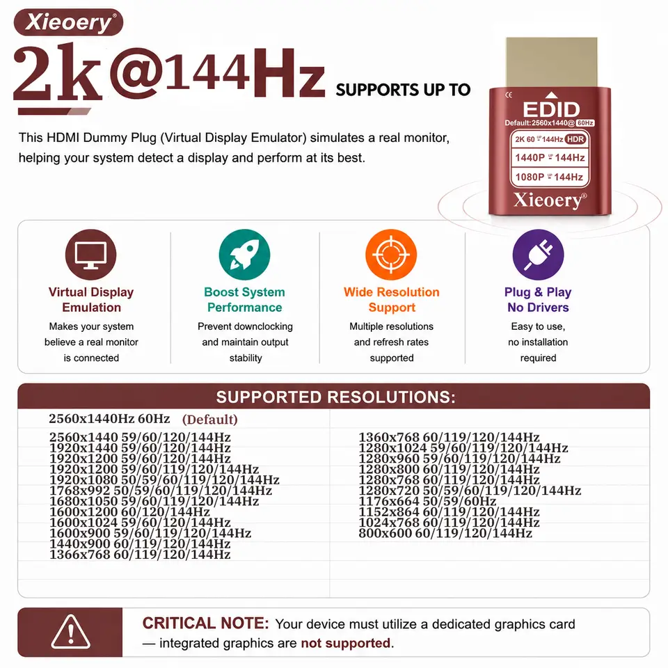 2K Headless HDMI Dummy Plug with HDR, 2560×1440 EDID Emulator,60–144Hz Virtual Display Adapter for Headless PCs & Remote Desktop image 3