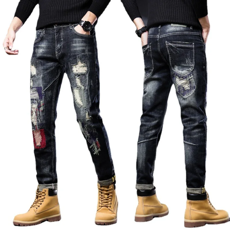 2023 New Fashion Biker Jeans Men's Distressed Stretch Ripped  Hip Hop Slim Fit Holes Punk Denim Cotton High Qual Pants