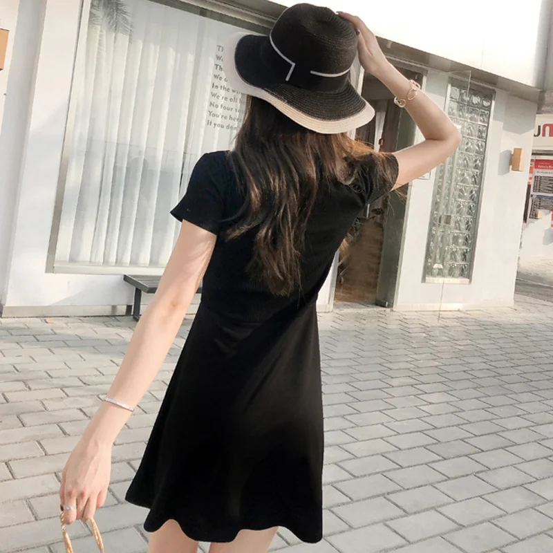 Damen Lässiges Locker Sitzendes Baumwollkleid Einfaches Sexy Kurzarm-Kleid mit O-Ausschnitt Dropshipping Strandkleider Schwarz Weiß – Detail 4