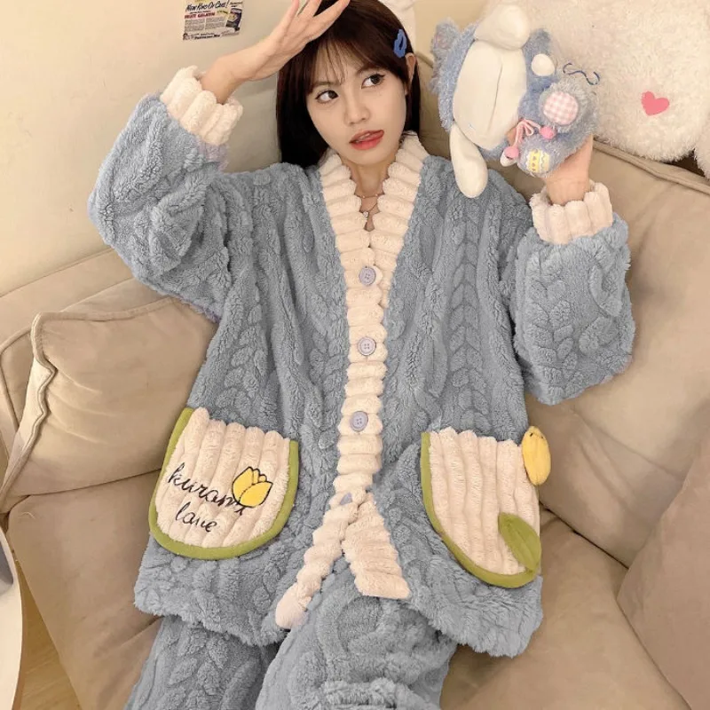 2024 New Pajamas Set Women's Autumn Winter Coral Velvet Nightgowns Thickend Fleece Teens Sweet Cute Student Dorm Loungewear Suit