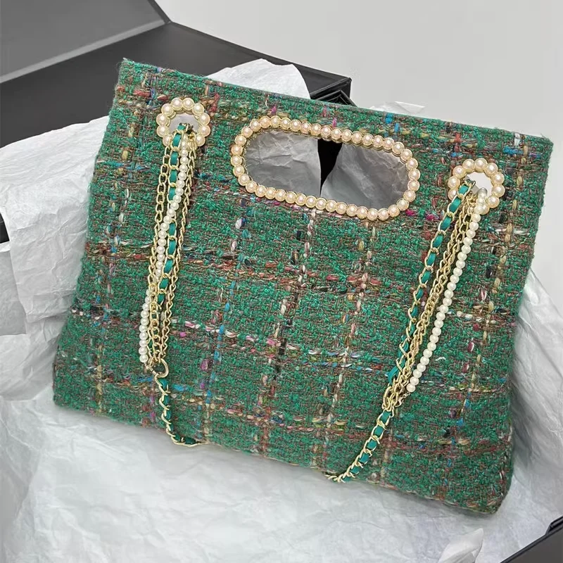 

Plaid Woolen Fabric Shoulder Bag Beaded Chain Crossbody Bag Weave Handmade Foreign Style Handbag High-End Pearl Clutch Satchels