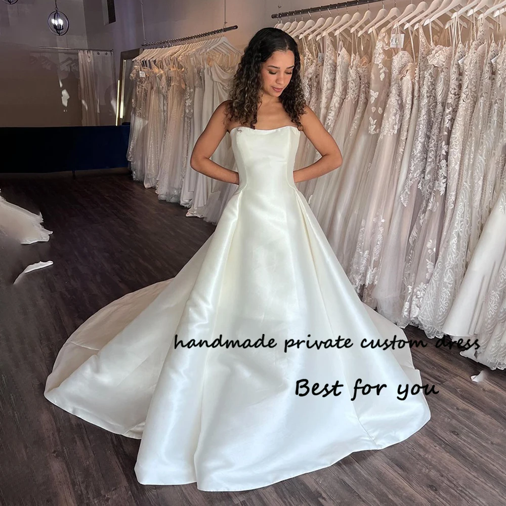 

Ivory Satin A Line Wedding Dresses for Bride Strapless Simple Civil Bride Dress with Train Long Wedding Gowns Lace Up Back