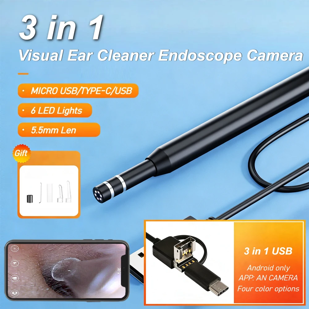 0.3MP 비주얼 귀 청소기 내시경 카메라 3 in 1 타입-C USB 2M 소프트 와이어 이경 5.5mm 렌즈 6LED 조명 귀이개 검사 스푼
