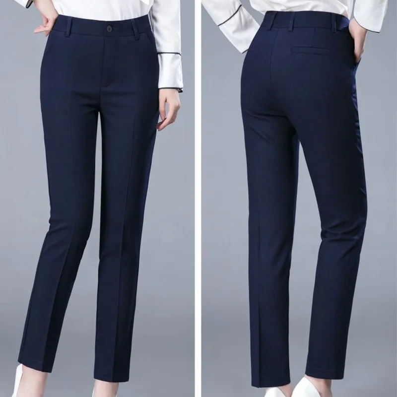 Office Lady Button Mid Waist Trousers Womens Spring Summer Solid Color Pockets Slim Fitting Straight Cropped Casual Pants