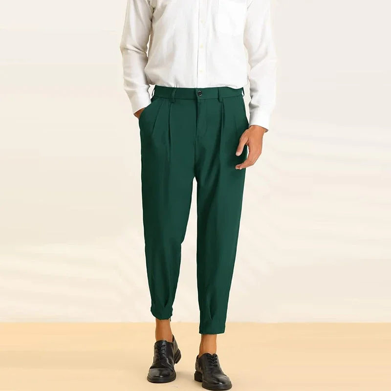 남성용 캐주얼 단색 플리츠 디자인 세트 바지, 패션 블레이저 펜슬 바지, 트렌디 슬림핏 코튼 바지, 용수철 여름