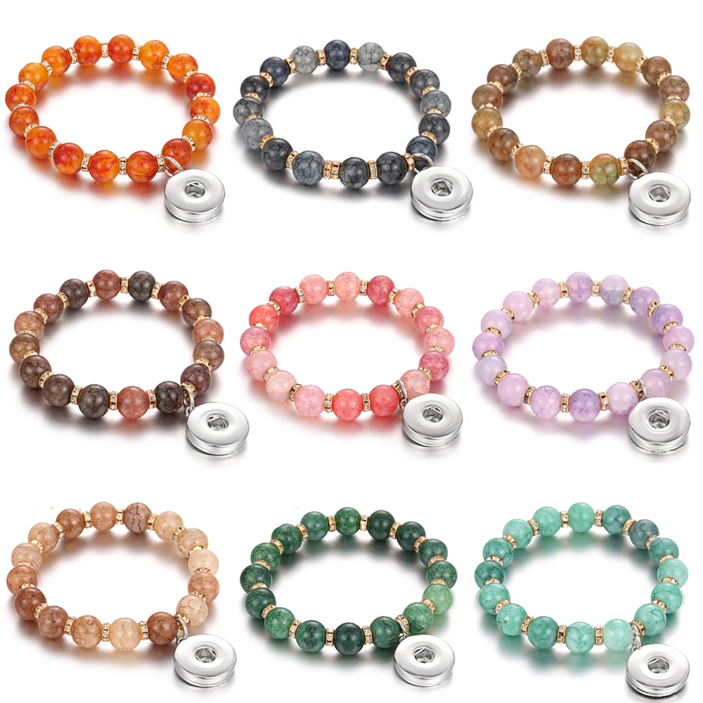 Snap Jewelry Bracelets 10mm Beads Leather 18mm Snap Button Bracelet Handmade Elastic Bracelet Women 10pcs/lot bracelet jewelry