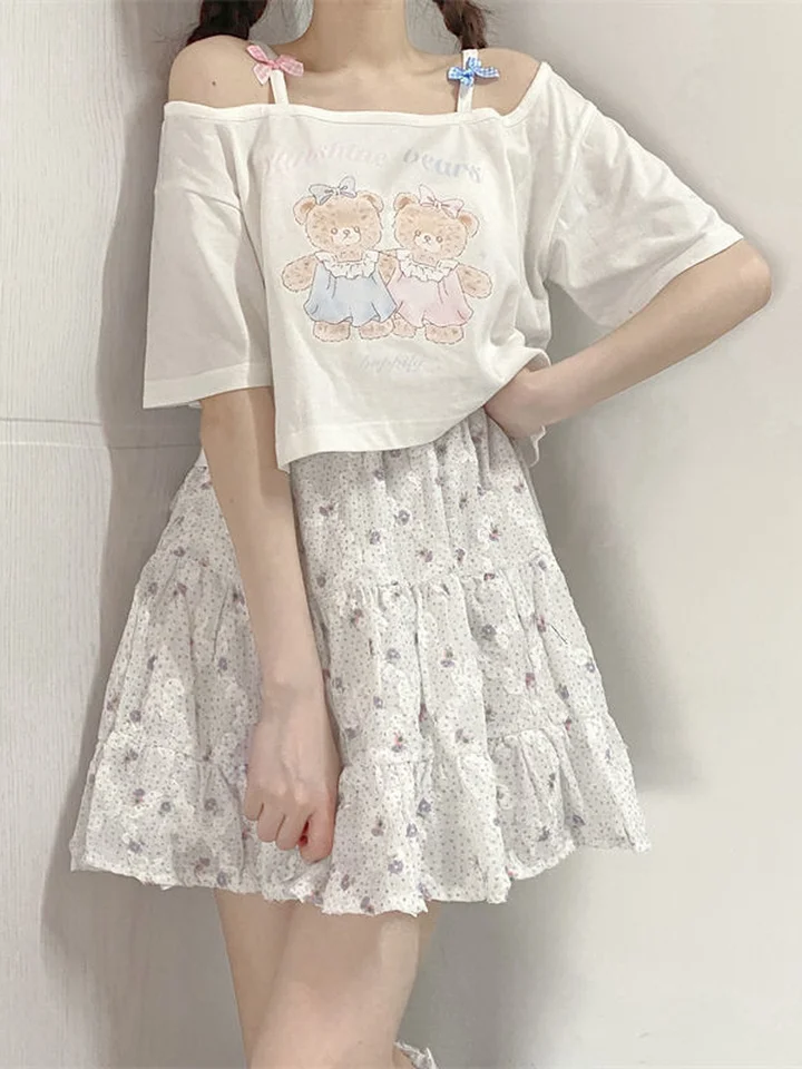 KOSAHIKI 2025 Summer Sweet Crop Tops Women Bear Print Short