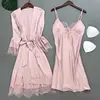 Blanc 5 pièces ensemble de sommeil Pyjamas dame dentelle Satin Pyjamas Kimono robe de bain vêtements de nuit amples maison vêtements col en v vêtements de nuit décontractés
