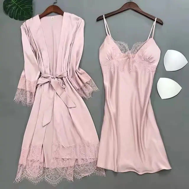 Blanc 5 pièces ensemble de sommeil Pyjamas dame dentelle Satin Pyjamas Kimono robe de bain vêtements de nuit amples maison vêtements col en v vêtements de nuit décontractés