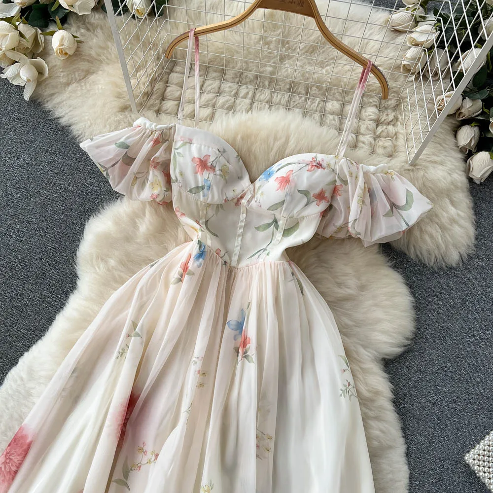 

HeeneBerry Casual Midi Dress Y2k Summer Spring Fashion Design Women Runway High Street Vintage Flowers Print Lantern Sleeve Belt