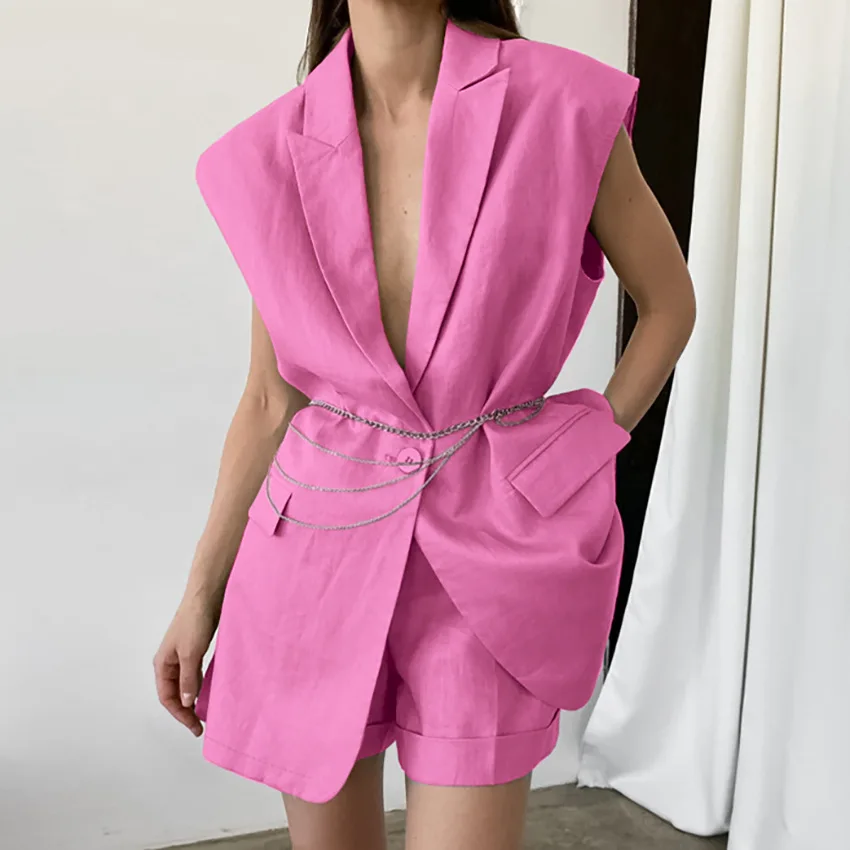 

PASSIONNÉ OL Style Two Piece Set V-neck Sleeveless Single-button Long Vest Coat High Waist Wide-leg Shorts Suit Female 2023 New