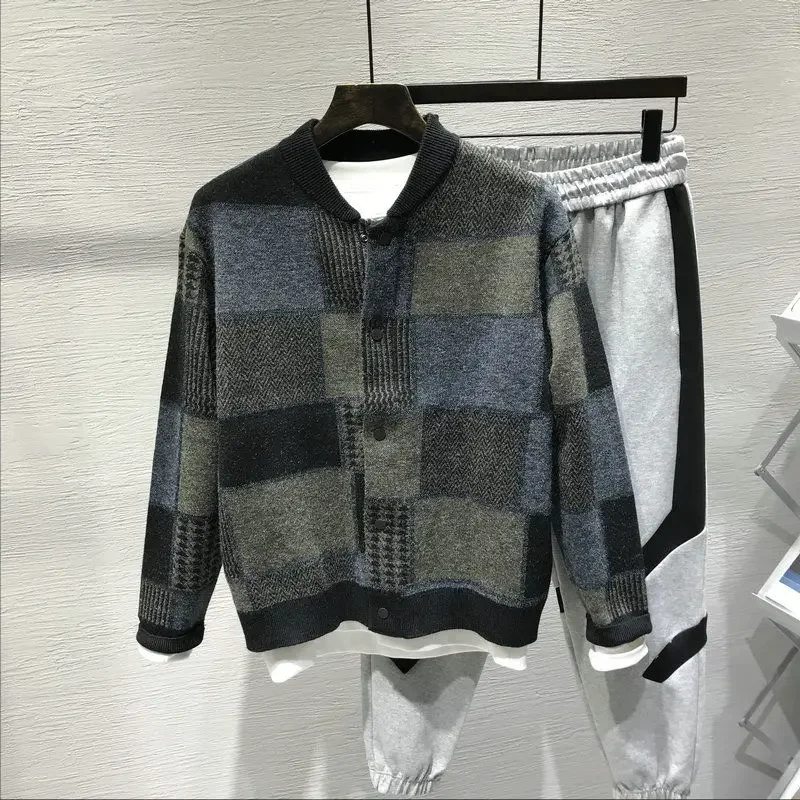 Man Collared Plaid Coat Knitted Sweaters Jacket Cardigan Thick Winter S Japanese Harajuku Fashion Over Fit knitted cardigan knitted sweater coat sweater coats