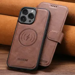 Elegant 2 - in - 1 Detachable Leather Wallet Case with Magnetic Back Cover - iPhone 14 Plus (Brown)