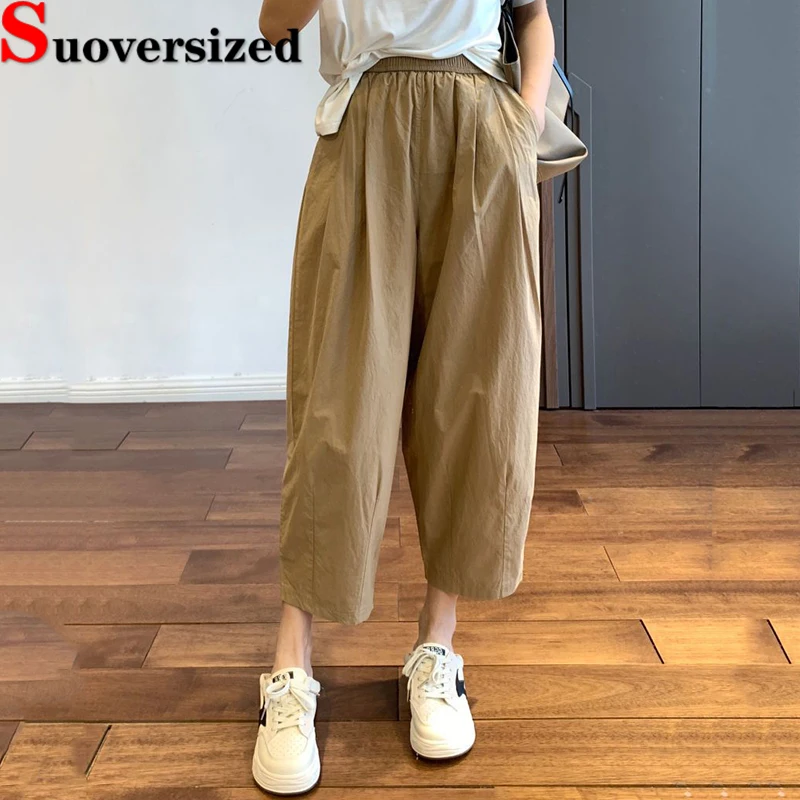 

Summer Ankle-length Harem Pants Baggy Casual Women's Trousers Elastic High Waist Cotton Spodnie Fashion New Cargo Pantalones