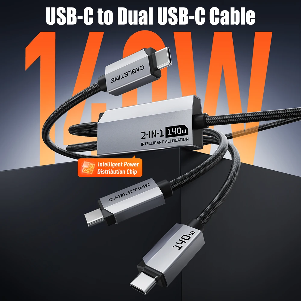 CABLETIME Dual Output USB C Cable - 140W Fast Charging & 480Mbps High-Speed Data Transmission