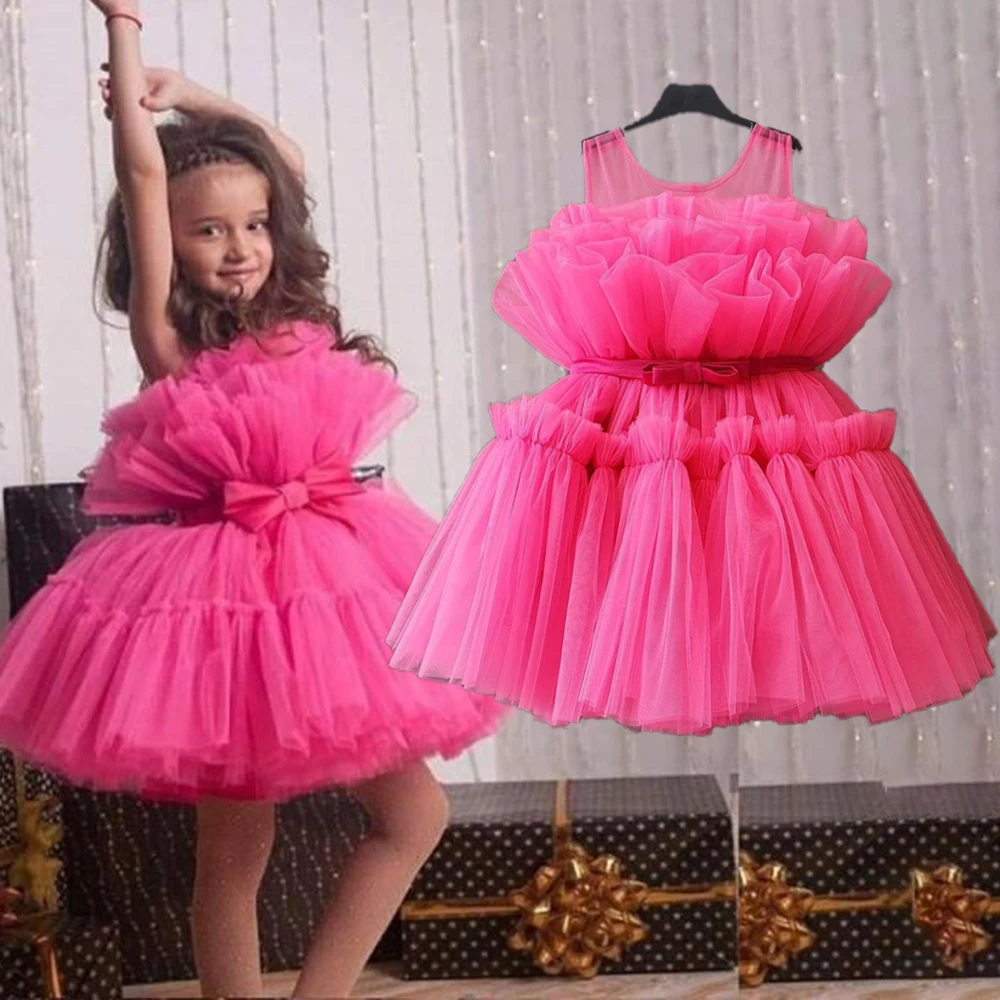 Baby Bow Tulle Baptism Dress for Girls Gown Toddler Kids Wedding Elegant 1st Birthday Party Princess Dress Tutu Evening Dresses